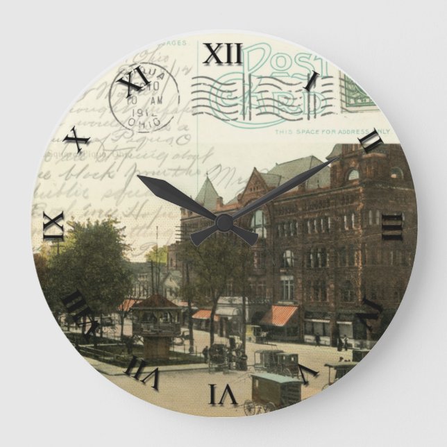 Piqua Ohio Postkarten-Uhr - Marktplatz 1912 Große Wanduhr (Vorderseite)