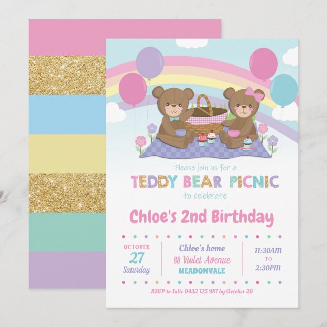 Pique-nique de l'ours Teddy Invitations Fille (Devant / Derrière)