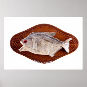 Piranhafische als Trophäe auf hölzernem Poster