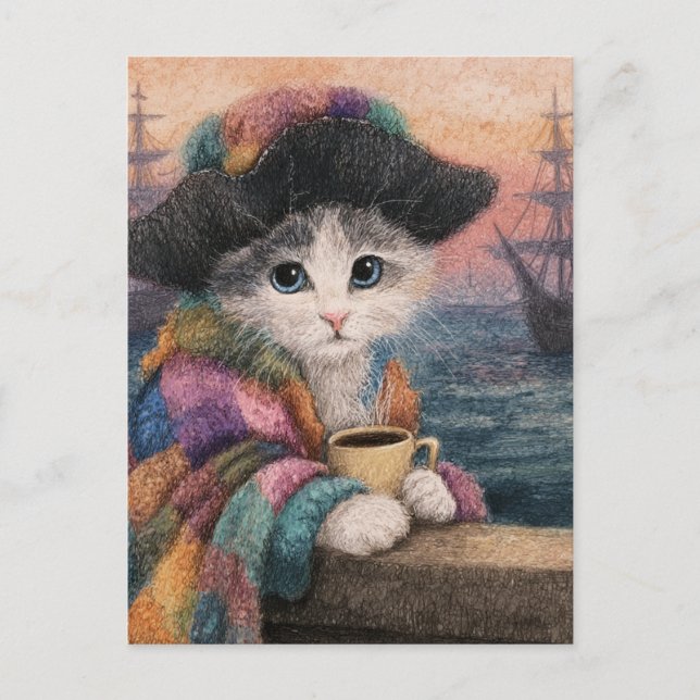 Pirat Katze mit einem Kaffee Postkarte (Vorderseite)