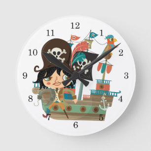 Pirat und Piraten-Schiff Runde Wanduhr