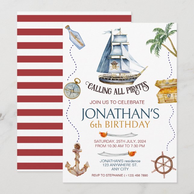 Pirate Birthday Party Einladung (Vorne/Hinten)
