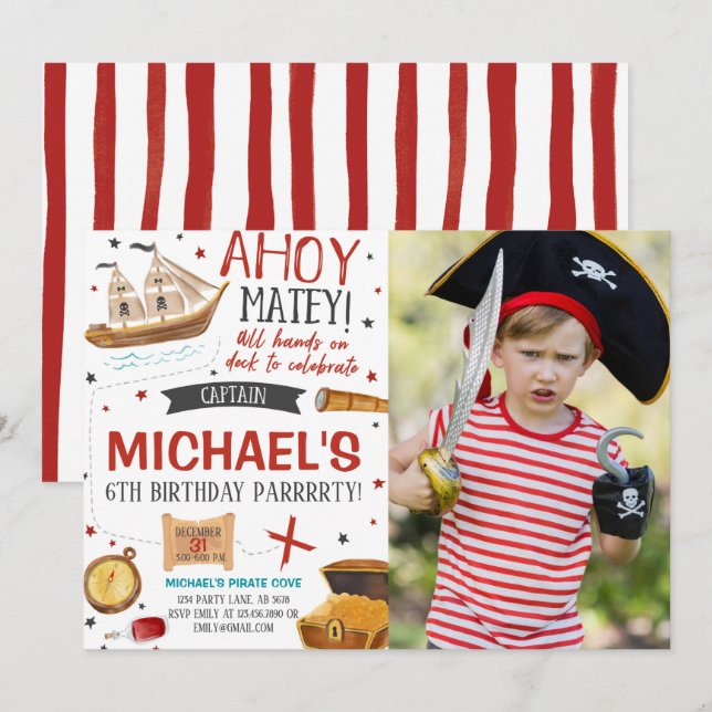 Pirate Birthday Party Foto Einladung (Vorne/Hinten)
