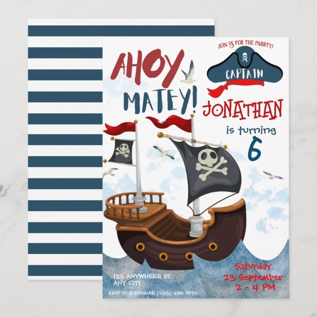 Pirate Birthday Party Wasserfarbe Einladung (Vorne/Hinten)