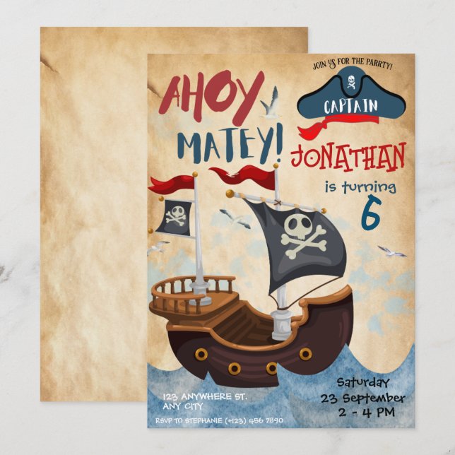 Pirate Birthday Party Watercolor Einladung (Vorne/Hinten)