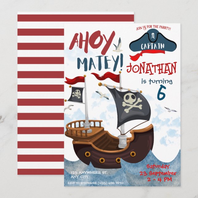 Pirate Birthday Party Watercolor Einladung (Vorne/Hinten)