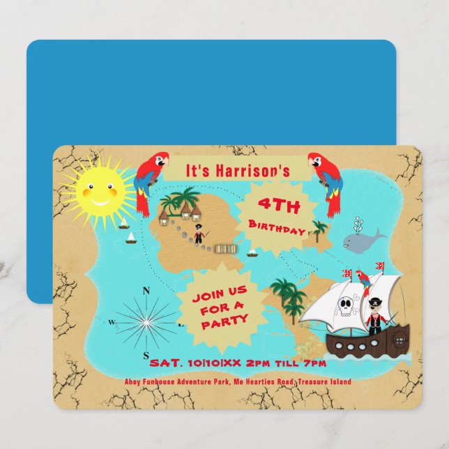 Pirate Birthday Treasure Map Ship Cute Invitation (Devant / Derrière)