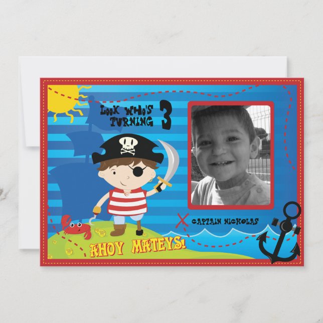 Pirate Boy Birthday Party Einladung, Ahoy Mateys! Einladung (Vorderseite)
