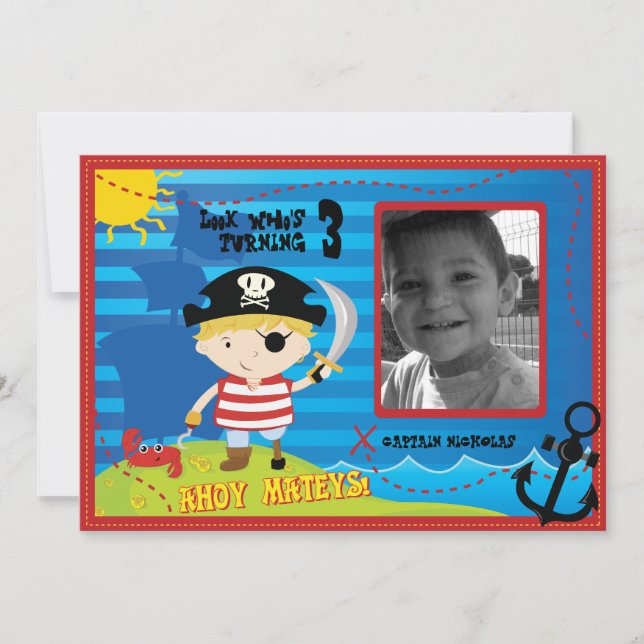 Pirate Boy Birthday Party Einladung, Ahoy Mateys! Einladung (Vorderseite)