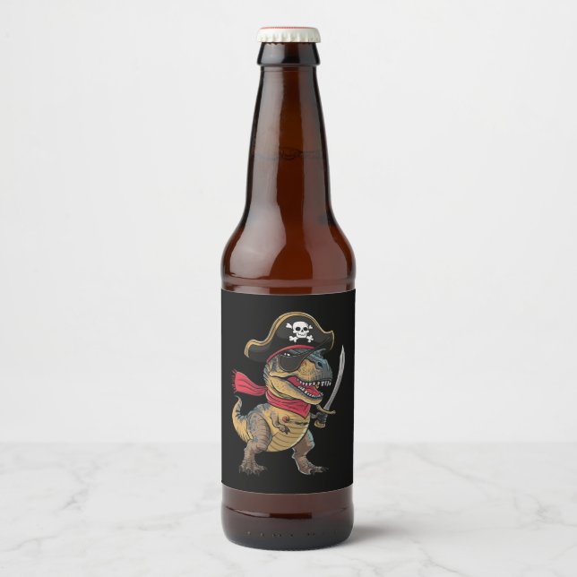 Pirate Dinosaur T-Rex Funny Halloween Kostüm Bierflaschenetikett (Vorderseite)