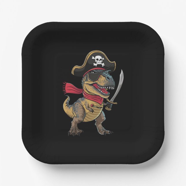 Pirate Dinosaur T-Rex Funny Halloween Kostüm Pappteller (Vorderseite)