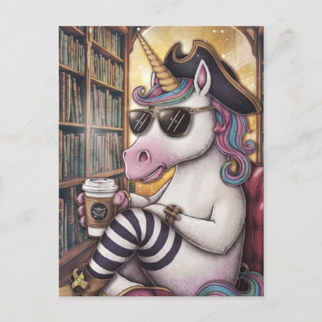 Pirate Einhorn mit Kaffee Postkarte (Vorderseite)