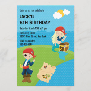 Pirate et Sirène Anniversaire Invitation Bleu