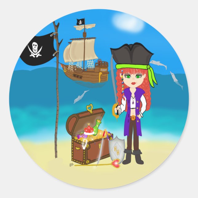 Pirate fille avec Stickers coffre au trésor (Devant)