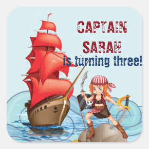 Pirate Girl Birthday Party Boat Dots Design Quadratischer Aufkleber
