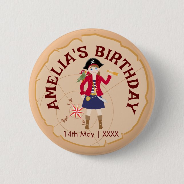 Pirate Girl Treasure Karte Geburtstagsparty Button (Vorderseite)