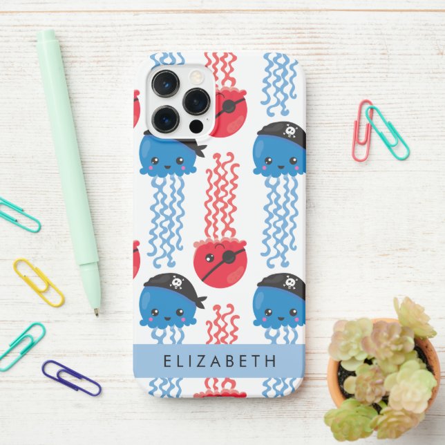 Pirate Jellyfish, Quallen Muster, Ihr Name iPhone 12 Pro Hülle (Auf dem Schreibtisch)