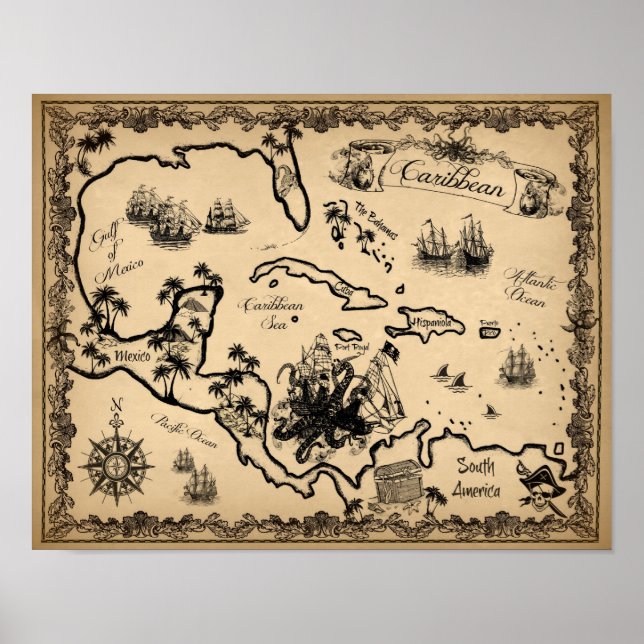 Pirate Karte der Karibik mit Kraken Poster (Vorne)