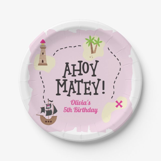 Pirate Map Pink Birthday Pappteller (Vorderseite)