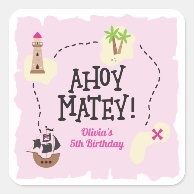Pirate Map Pink Birthday Quadratischer Aufkleber (Vorderseite)