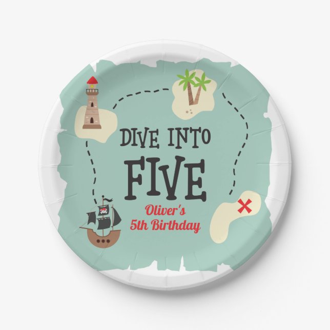 Pirate Map tauchen in 5. Geburtstag Pappteller (Vorderseite)