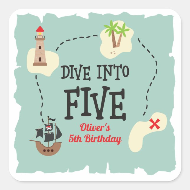 Pirate Map tauchen in 5. Geburtstag Quadratischer Aufkleber (Vorderseite)