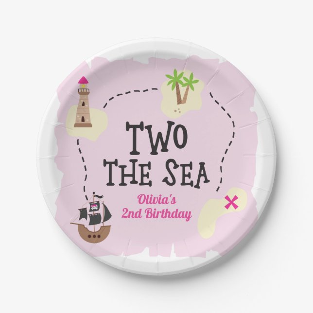 Pirate Map Zwei Sea Pink Geburtstag Pappteller (Vorderseite)