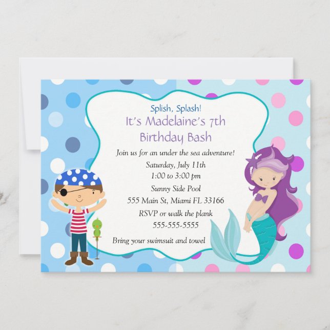 Pirate Mermaid Invitation Kids Birthday Party Einladung (Vorderseite)