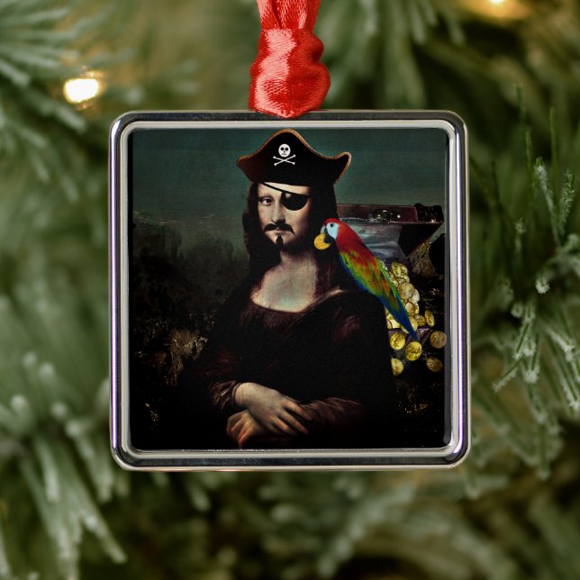 Pirate Mona Lisa with Eye Patch Ornament Aus Metall (Baum)