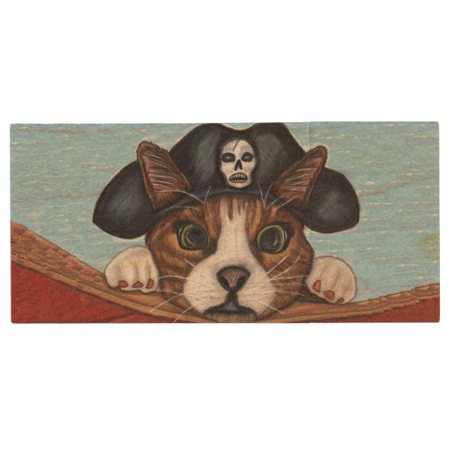 Pirate Niedlich überrascht Braunstreifen Katze Holz USB Stick (Vorderseite)