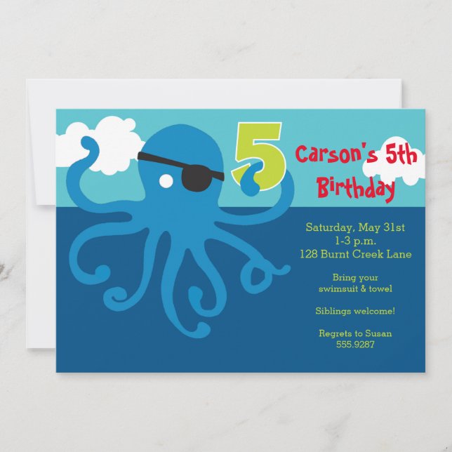 Pirate Octopus 5e anniversaire Invitation de la fê (Devant)