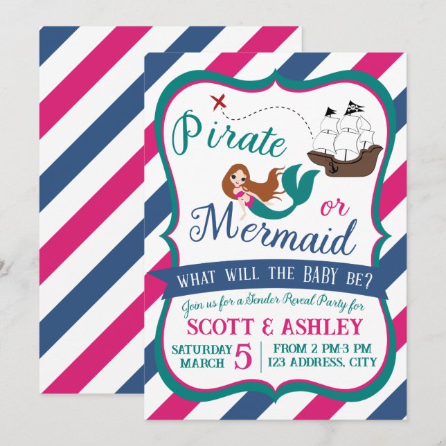Pirate oder Mermaid Gender Reveal Party Einladung (Vorne/Hinten)