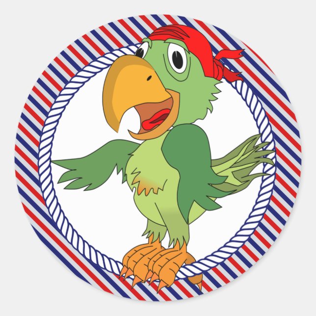 Pirate Parrot Nautic Stripes Runder Aufkleber (Vorderseite)
