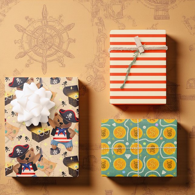 Pirate Party mit Bären, Streifen und Schatz Geschenkpapier Set (Pirate party gift wrap set with bears, stripes, and gold coins — perfect for kids’ pirate birthdays.)