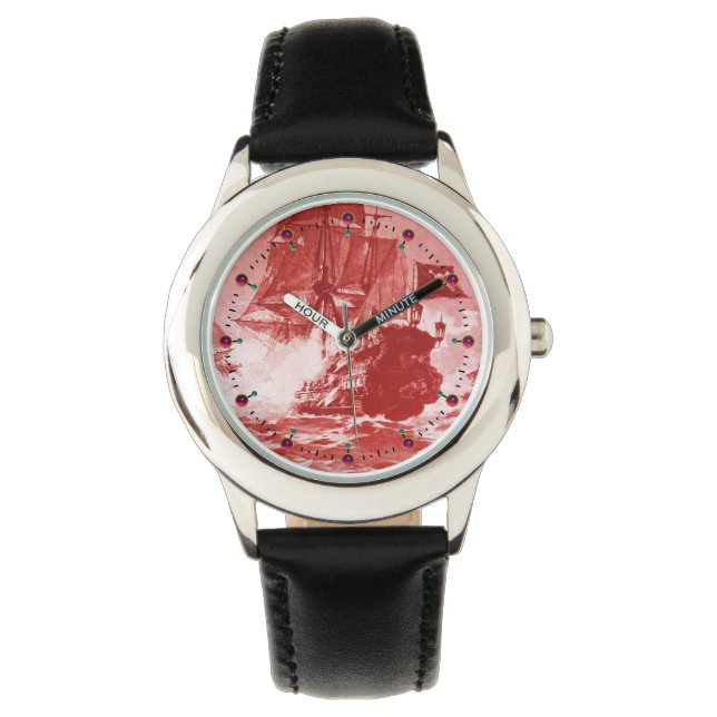 PIRATE SCHIFFBATTLE Antikes Rotes Weißes Übel Armbanduhr (Vorderseite)