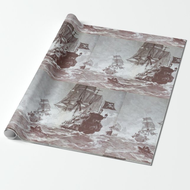 PIRATE SCHIFFBATTLE Schwarz-weiße graue Hues Geschenkpapier (Ungerollt)