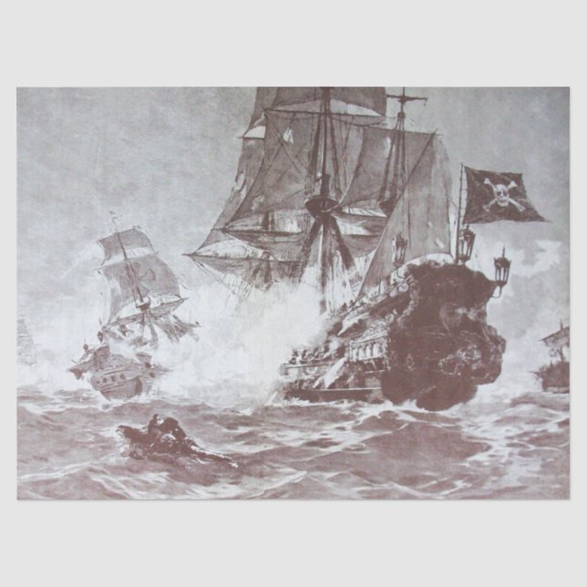 PIRATE SCHIFFBATTLE Schwarz-weiße graue Hues Seidenpapier (Vorderseite)