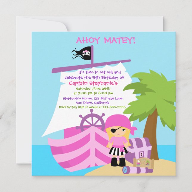 Pirate Ship Blonde Girl Geburtstagsparty Einladung (Vorderseite)