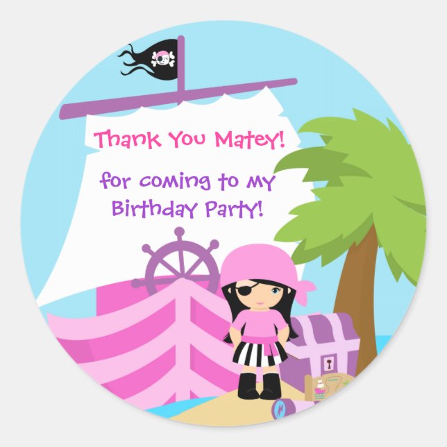 Pirate Ship Girl Anniversaire Sticker Merci (Devant)
