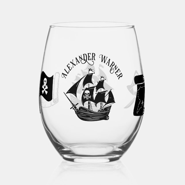 Pirate Ship Skull Crossbones Flag Name Karte Weinglas Ohne Stiel (Vorderseite)