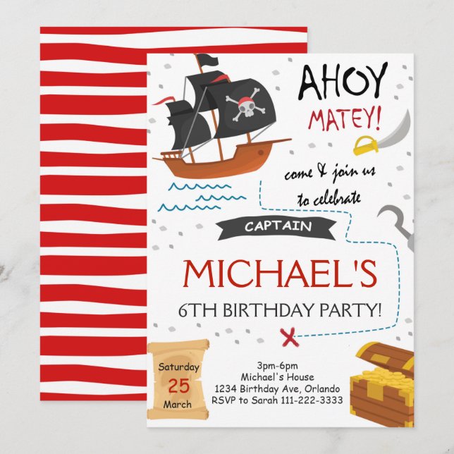 Pirate Ship Treasure Karte Geburtstagseinladung (Vorne/Hinten)