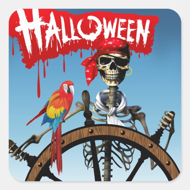 Pirate Skeleton Sailor mit Macaw Halloween-Party Quadratischer Aufkleber (Vorderseite)