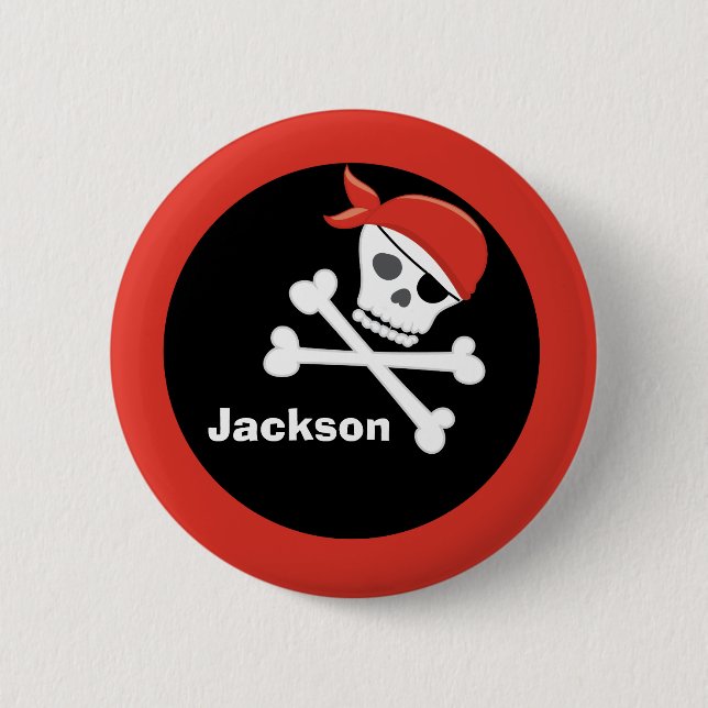 Pirate Skull Crossbones Black Red Monogram Kids Button (Vorderseite)