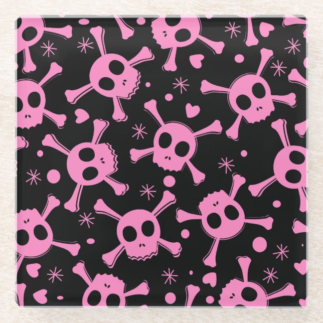 Pirate Skull: Girlish Hearts Pattern Glasuntersetzer (Vorderseite)