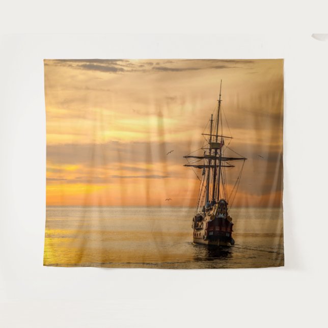 Pirate Skull Golden Ship Tapestry Wandteppich (Vorderseite (Horizontal))