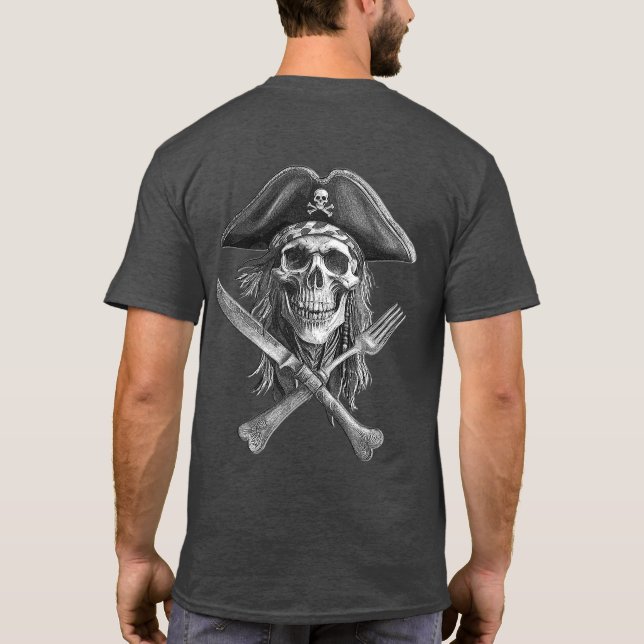 Pirate Skull in B&W mit Crossbones Utensils T-Shirt (Rückseite)