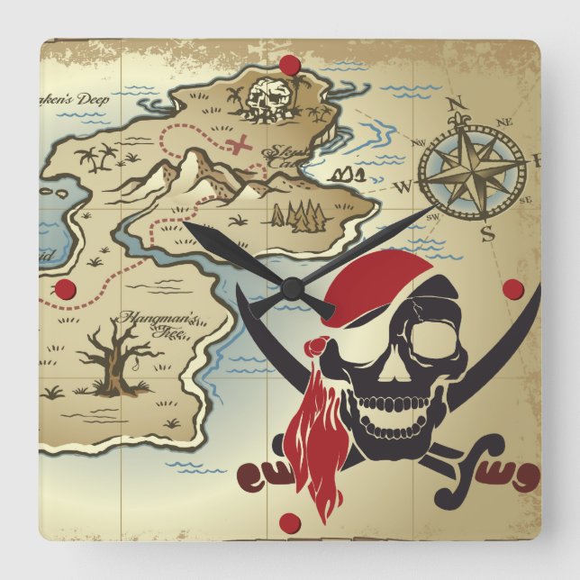 Pirate Skull Island Location Wall Clock Quadratische Wanduhr (Vorderseite)