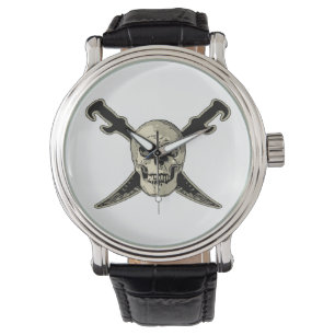 Pirate (Skull) - Vintages schwarzes Leder Armbanduhr
