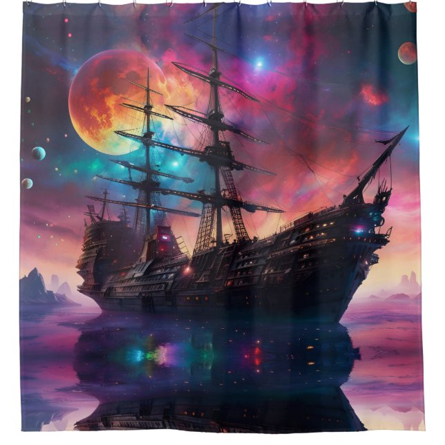 Pirate SpaceShip Landungen auf einem anderen Plane Duschvorhang (Vorderseite)