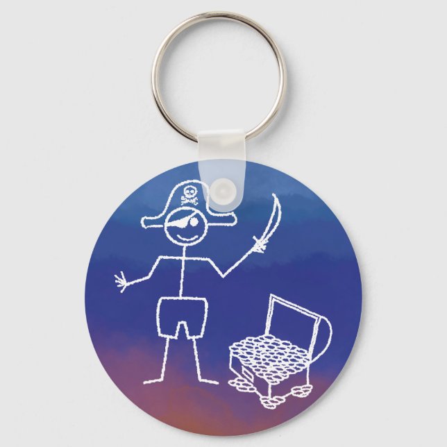 Pirate Stickman mit Schatztruhe Wasserfarbe Schlüsselanhänger (Vorderseite)